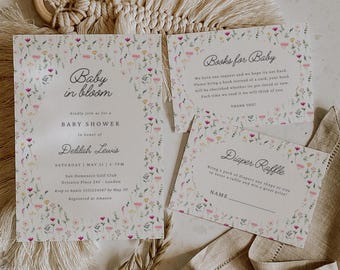Baby in Bloom Baby Shower Invitation Set, Floral Garden Baby Shower Invitation, Wildflowers Bring a Book Diaper Raffle, Canva Template BB1