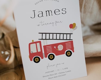 Fire Truck Birthday Invitation, Firetruck Invitation, Fire Truck Birthday Party, Sound The Alarm Party, Fireman, Fire Engine Party, FT2