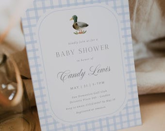 Duck Baby Shower Invitation, Blue Gingham Mallard Duck Baby Shower Invitation, Duck Hunting Invitation, Canva Template MD1