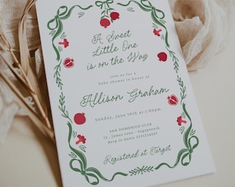 Pomegranate Baby Shower Invitation, Little Pomegranate Baby Shower Invitation Template, Burgundy Baby Shower, Editable Canva Template MB7