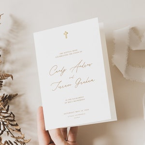 ゴールド カトリック結婚式プログラム、折り畳まれた結婚式プログラム テンプレート、教会結婚式プログラム、儀式勲章テンプレート カトリック奉仕勲章