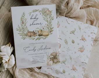 Plantilla de invitación para baby shower con temática de bosque, plantilla editable para baby shower, baby shower con animales del bosque, plantilla editable con temática de bosque