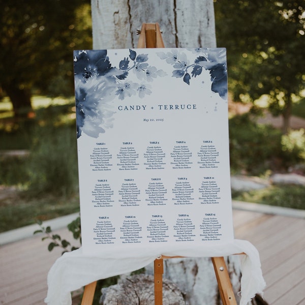 Blue Seating Chart Template, Dusty Blue Wedding Seating Chart, Ombre Blue Seating Plan, Editable Blue wedding Seating Chart Template, B20