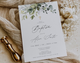 Baptism Invitation Template, Gold Greenery Baptism Invitation Template, Christening Editable Invitation, Naming Dedication Ceremony, G23