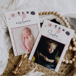 Halloween Geburtstags-Monatsfotobanner, Bearbeitbare Babys erstes Jahr Fotos, Gruseliger 1. Geburtstag, Rosa Geister Geburtstagsfotobanner, HWG