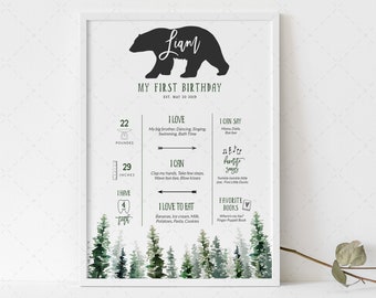 Wild First Birthday Milestone Poster Board Template, Adventure Awaits Printable Boy Birthday Milestone stats Bear Stat, Happy Camper WB20