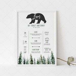 Wild First Birthday Meilenstein Poster Board Vorlage, Adventure Awaits Druckbare Junge Geburtstag Meilenstein Statistiken Bär Stat Schild, Happy Camper
