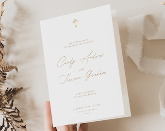 Gouden katholiek huwelijksprogramma, sjabloon voor een gevouwen huwelijksprogramma, kerkelijk huwelijksprogramma, sjabloon voor de volgorde van de ceremonie, katholieke dienstregeling