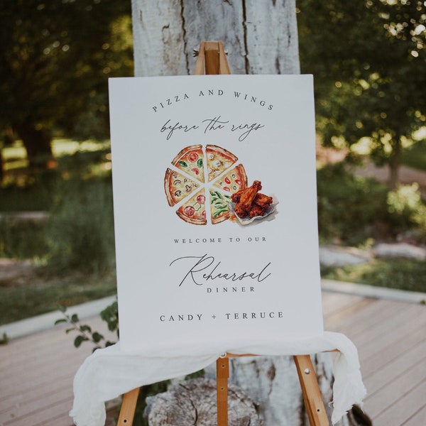 Pizza and wings before the rings Welcome Sign Template, Pizza and wings Rehearsal Dinner Welcome Sign, Pizza Self-Editing Welcome sign, PZ1