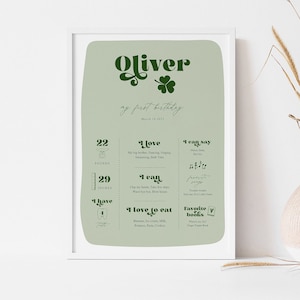St Patrick's First Birthday Milestone Poster Board Template, Printable Editable Simple Shamrock St Patrick's Birthday Milestone stats, P1
