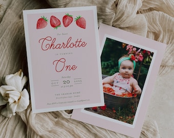 Strawberry Birthday Invitation Template, Berry Sweet Birthday Party invitation, Girl Berry First Birthday Invitation, INSTANT DOWNLOAD ST22