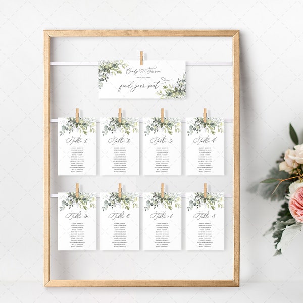 Greenery Seating Chart Cards Template, Boho Aquarelle Eucalyptus Wedding Seating Chart, Table Cards, Seating Cards, INSTANT DOWNLOAD G19