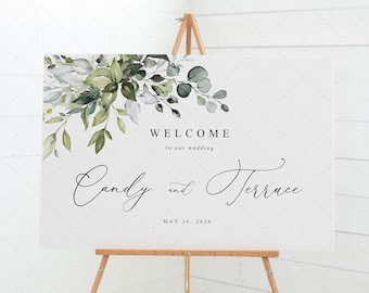 Greenery Welcome Sign Template, Horizontal Wedding Welcome sign Printable, Landscape Self-Editing Welcome sign Template Instant Download G19