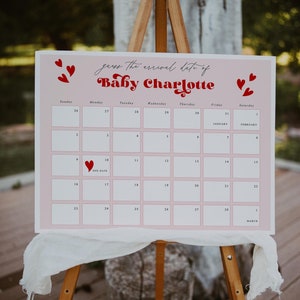 Valentine's Baby Due Date Calendar Template, Hearts Baby Due Date Sign, Sweetheart Baby Shower Game Sign, Baby's Due Date Prediction Game V1