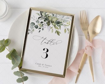 Wedding Table Numbers Template, Greenery Table Numbers printable, Editable Eucalyptus Table Numbers, Table Numbers Instant Download PDF, G19