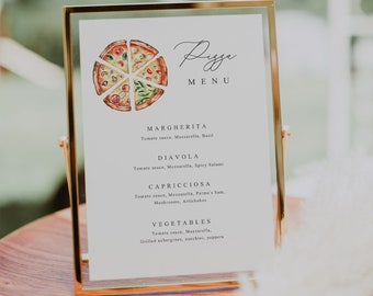 Panneau de menu pizza, modèle de menu minimaliste de bar à pizza de mariage, menu amour et pizza, menu pizza de fiançailles, menu pizza de répétition, bar à pizza, PZ1