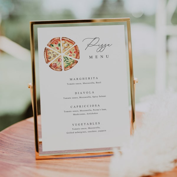 Pizza-Menüschild, minimalistische Hochzeits-Pizza-Bar-Menüvorlage, Liebes- und Pizza-Menü, Verlobungs-Pizza-Menü, Probe-Pizza-Menü, Pizza-Bar, PZ1