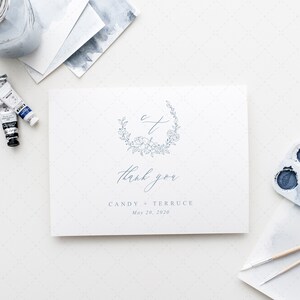 Modèle de carte de remerciement bleu poussiéreux, carte de remerciement de mariage monogramme, note de remerciement imprimable, TÉLÉCHARGEMENT INSTANTANÉ, modèle modifiable F19