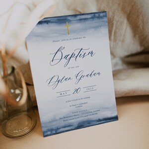 Baptism Invitation Template, Blue watercolor Christening Invitation, Printable Watercolor Dedication Boy Invitation PDF, Einladung Taufe W25