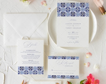 Italian Blue Tile Wedding Invitation, Portuguese Tiles Watercolor invitation Template, Mediterranean Tiles Invitation, INSTANT DOWNLOAD MJ20
