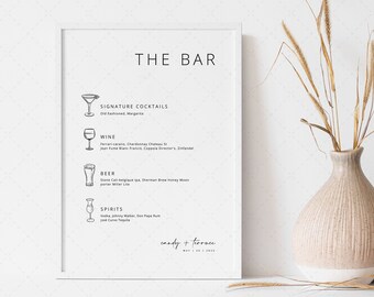 Bar menu Wedding Sign Template, Editable Open Bar Menu Drink Printable, Self-Editing Template, Editable Drinks Menu Instant Download M20