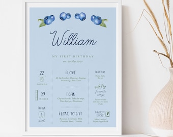 Blueberry First Birthday Milestone Poster Board Template, Blueberries First Boy Birthday Milestone stats Signs, INSTANT DOWNLOAD BB23