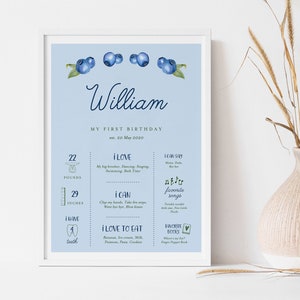 Blueberry First Birthday Milestone Poster Board Template, Blueberries First Boy Birthday Milestone stats Signs, INSTANT DOWNLOAD BB23