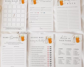 May include: Six baby shower game cards are displayed, featuring illustrations of a baby bottle and a beer mug. The cards include titles such as "baby bingo," "baby predictions and advice," and "baby name race." The cards are on a white surface.