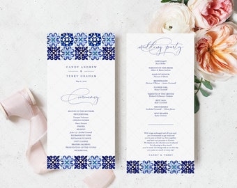 Blue Tile Program Template, Printable Italian Blue Tile Wedding Program, Wedding Ceremony Template, Mediterranian Tile Order of Service MJ20