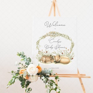 Welkomstbord voor babyshowers in het bos, bewerkbaar welkomstbord voor babyshowers met hertenmotief, babyshower met hertenmotief in het bos, babyshowerbord voor babyshowers met vossenmotief in het bos