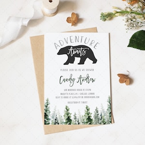 Abenteuer erwartet Babyparty-Einladungsvorlage, Waldbär-Babyparty, Happy Camper-Babypartyeinladung, Wildbär-Babypartyparty