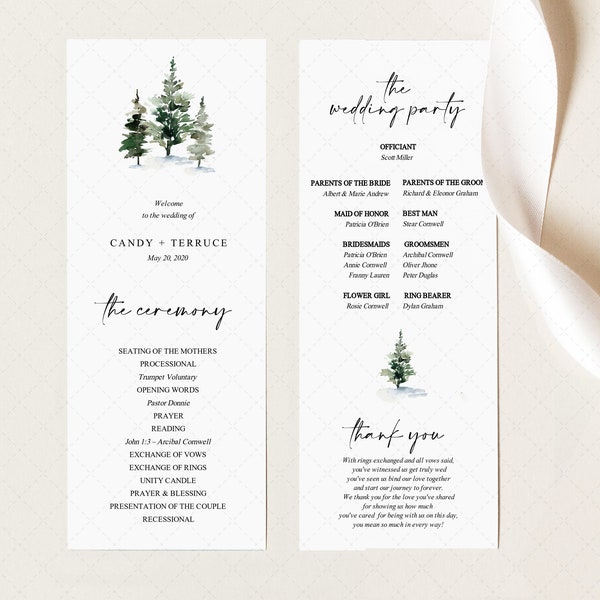 Pine Tree Wedding Program Template, Winter Woodland Program Printable, Editable Mountains Forest Wedding Ceremony, INSTANT DOWNLOAD P20