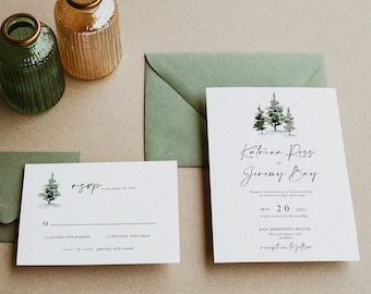 Pine Tree Wedding Invitation Template, Woodland Wedding Invitation, Editable Printable Forest Winter Wedding Invitation INSTANT DOWNLOAD P20