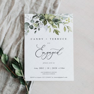 Invitación para fiesta de compromiso con vegetación, plantilla de invitación de compromiso con eucalipto • DESCARGA INSTANTÁNEA • Plantilla de invitación editable e imprimible