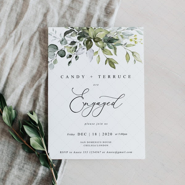 Invitación para fiesta de compromiso con vegetación, plantilla de invitación de compromiso con eucalipto • DESCARGA INSTANTÁNEA • Plantilla de invitación editable e imprimible