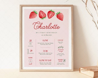 Strawberry First Birthday Milestone Poster Board Template, Printable Editable Girl Birthday Milestone stats Welcome sign, INSTANT DOWNLOAD