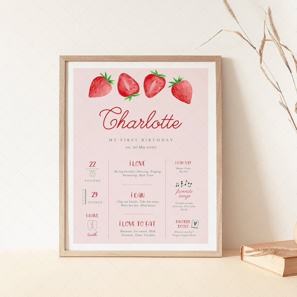 Strawberry First Birthday Milestone Poster Board Template, Printable Editable Girl Birthday Milestone stats Signs, INSTANT DOWNLOAD ST22