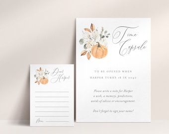 May include: Two white cards with floral and pumpkin illustrations. One card reads "Time Capsule" and the other reads "Dear Harper". The "Time Capsule" card includes text about writing a note for Harper to be opened in 2040.