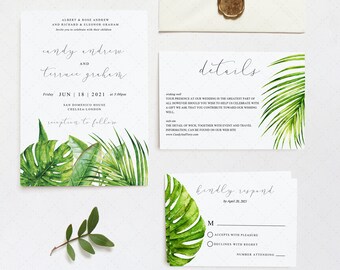 Tropical Wedding Invitation Template, Printable Beach Hawaii wedding invitation, Palm Leaves Wedding Invitation, INSTANT DOWNLOAD - Aura