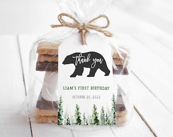 Happy Camper First Birthday Gift Tag Template, Wild Birthday Tag Template, Editable Bear Tags imprimable, Woodland Forest 1st Birthday - WB20