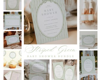 Stripe Baby Shower Green Bundle, Striped Baby Shower Bundle Green, Vintage Green Shower Bundle, Green Stripes Baby Shower, WR1