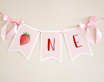 Strawberry First Birthday High Chair Banner Printable, Party First Birthday Party High Chair Banner, ONE First Birthday Decorations, ST22