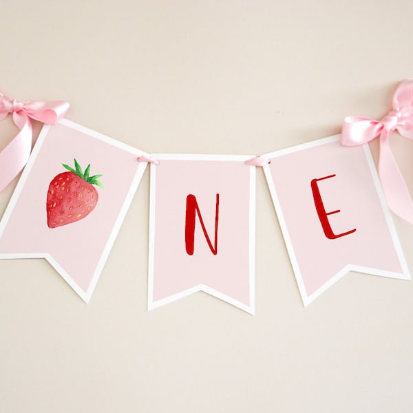 Strawberry First Birthday High Chair Banner Printable, Party First Birthday Party High Chair Banner, ONE First Birthday Decorations, ST22