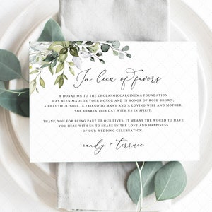 Au lieu de carte de faveur, carte de don de mariage de verdure, modèle de note de remerciement, note de serviette de signe de don imprimable, TÉLÉCHARGEMENT INSTANTANÉ G19