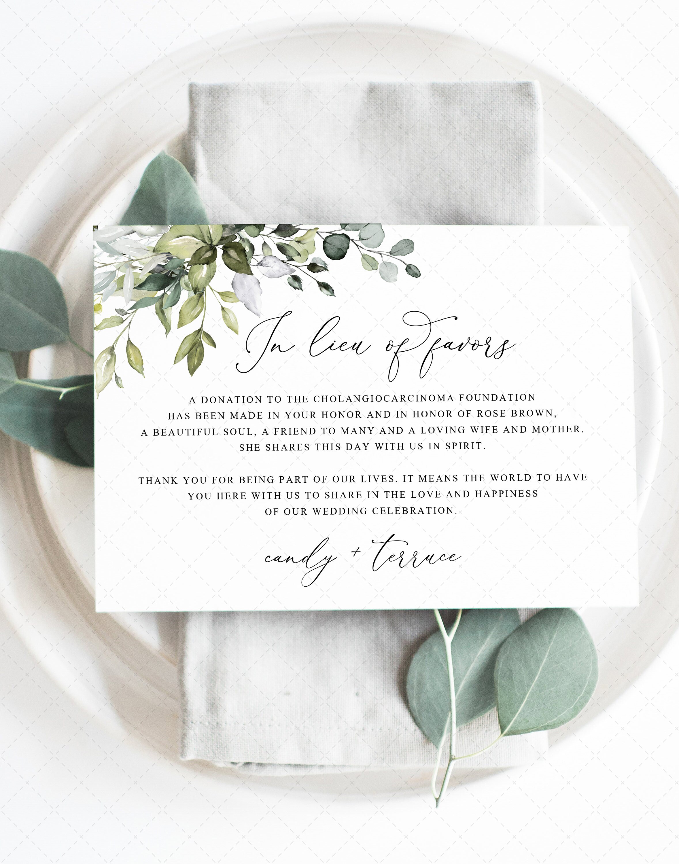 In Lieu of Favor Card Greenery wedding donation card Thank Etsy