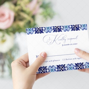 Italian Blue Tile Wedding Invitation, Portuguese Tiles Watercolor invitation Template, Mediterranean Tiles Invitation, INSTANT DOWNLOAD MJ20 image 4