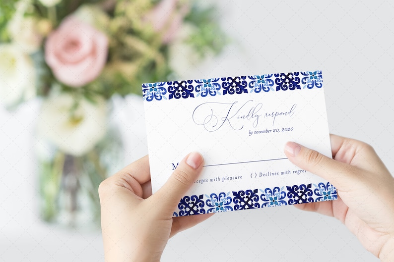 Italian Blue Tile Wedding Invitation, Portuguese Tiles Watercolor invitation Template, Mediterranean Tiles Invitation, INSTANT DOWNLOAD MJ20 image 4
