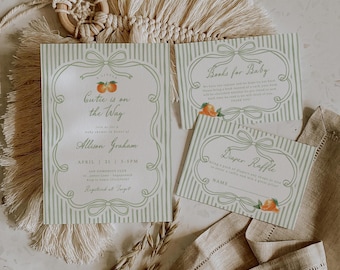 A Little Cutie is on the Way Invitation Bundle, Orange Baby Shower Invite and Inserts, Editable Canva Template OC7