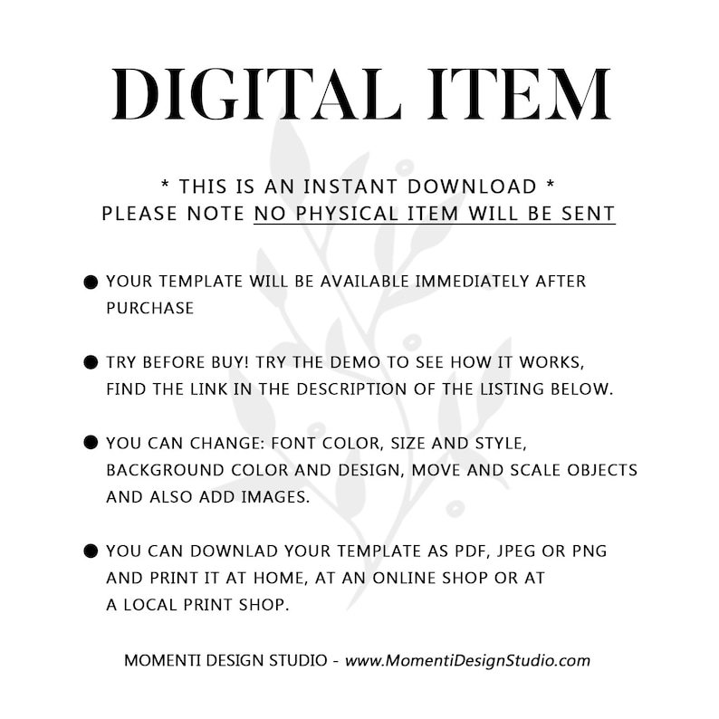 May include: Digital download graphic design template. The text reads "Digital Item" and "This is an instant download. Please note no physical item will be sent."