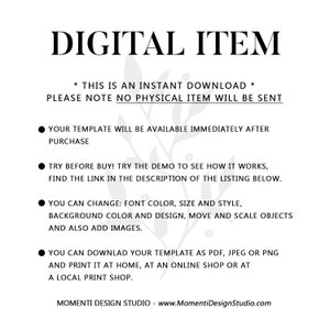 K&ouml;nnte beinhalten: Eine wei&szlig;e digitale Artikelvorlage mit schwarzem Text. Der Text enth&auml;lt "DIGITAL ITEM" und Details zu Sofort-Downloads, Anpassungsoptionen und Druck. Die Website von Momenti Design Studio ist ebenfalls aufgef&uuml;hrt.